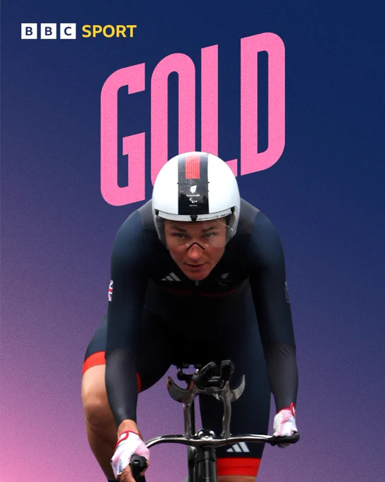 An image of Sarah Storey in action riding her bike with the word 'Gold' above. This is after she beat French hope Heidi Gaugain in the road cycling time trial to win her 18th Paralympic gold medal.