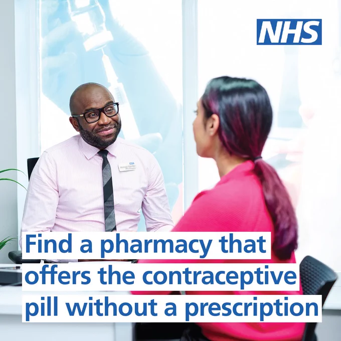 A woman talks with a pharmacist in a consultation room. Text in image reads: find a pharmacy that offer the contraceptive pill without a prescription.