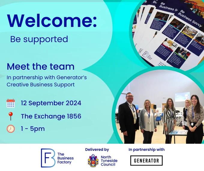 Welcome: Be supported

Meet the team
In partnership with Generator’s Creative Business Support

12 September 2024
The Exchange 1856
1 – 5pm