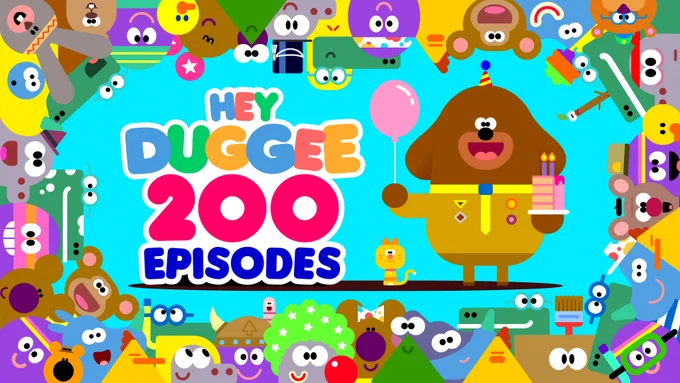 Colourful image for Hey Duggee which is celebrating 200 episodes. Duggee is standing with cake and a balloon and they are surrounded by their friends. 
