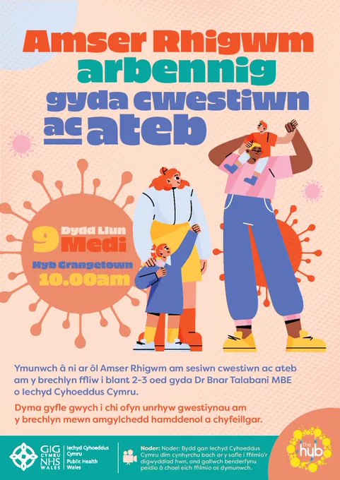 Amser Rhigwm gyda cwestiwn ac ateb. Dydd Llun 9 Medi 10am. Ymunwch â ni ar ôl Amser Rhigwm am sesiwn cwestiwn ac ateb am y brechlyn ffliw i blant 2-3 oed gyda Dr Bnar Talabani MBE o Iechyd Cyhoeddus Cymru.
Dyma gyfle gwych i chi ofyn unrhyw gwestiynau am y brechlyn mewn amgylchedd hamddenol a chyfeillgar