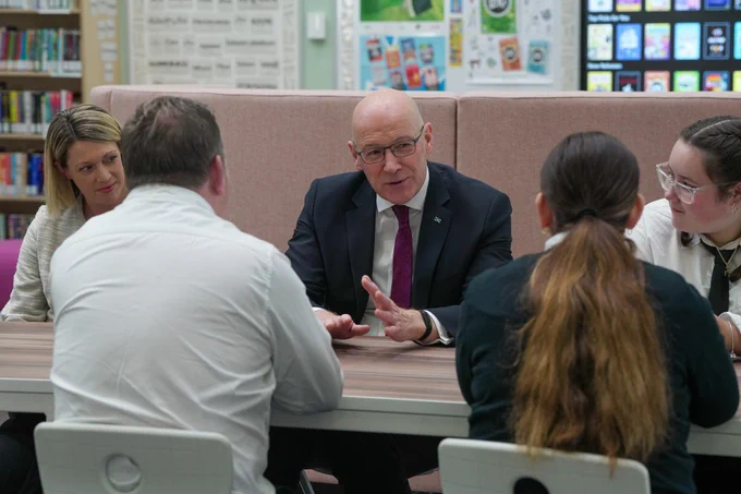 First Minister John Swinney and Cabinet Secretary for Education and Skills Jenny Gilruth meet staff and pupils at Castlebrae High School in Edinburgh.