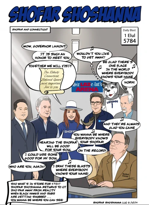 Shofar Shoshanna Daily Blast 1 Elul 5784. Score during the REFLECTION TOUR 5784! Meet CT Gov Lamont inside Sir LAZ-E-Lot's Arena. Shofar Shoshanna wants to know Who is the Most Important Jew To You? Political Columnist Dan Haar and CT State Sen Norm Needleman cheer while Sports Columnist Dom Amore is always glad you came to the game. CT AG Tong asks Who are You, Again? Take The Tour and you will find out more! 