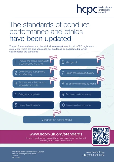 Picture of the downloadable awareness posted. It has the title 'The standards of conduct, performance and ethics have been updated'. The poster gives information about which standards have been updated and a QR code. There is a URL which is: 'www.hcpc-uk.org/standards'. The HCPC logo is in the top right. 