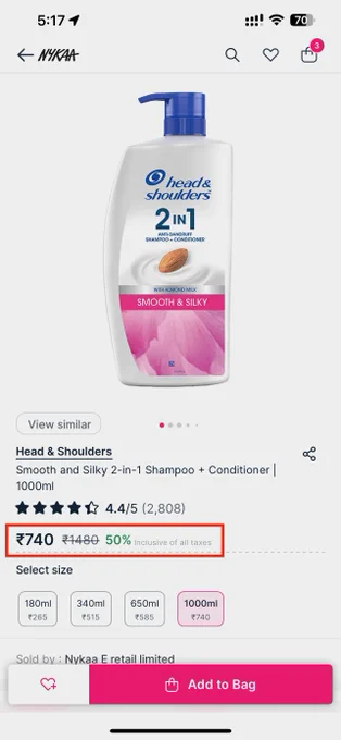 Nykaa with MRP 1480 and 50% discount. Final price Rs. 740.