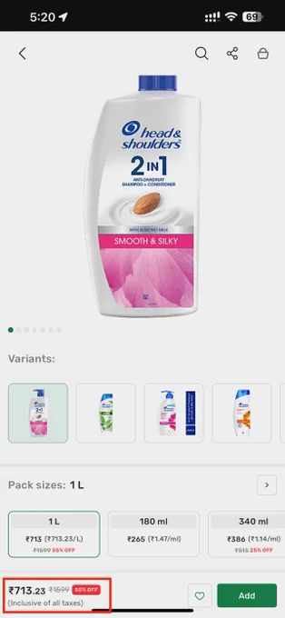BigBasket with MRP 1599 and 55% discount. Final price Rs. 713.23.