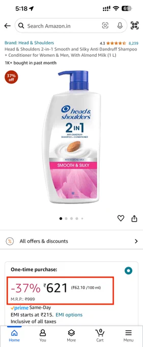 Amazon with MRP 989 and 37% discount. Final price Rs. 621.