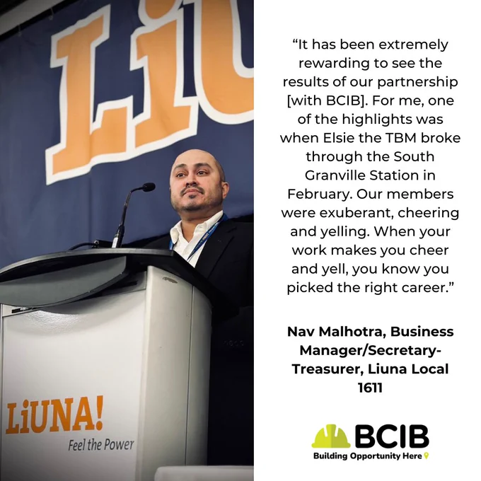 Person speaking at a podium with a "LIUNA - Feel the Power" sign on it. A quote about his positive experience with BCIB is displayed next to the person, including their name, Nav Malhotra, and title, Business Manager/Secretary-Treasurer at Local 1611.