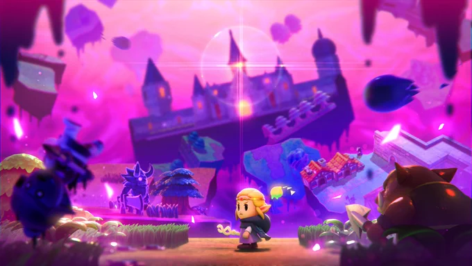 Zelda: Echoes of Wisdom star Zelda looks determined, as an uprooted Hyrule Castle floats in the sky.
