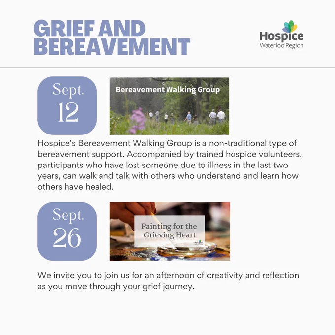 A graphic featuring upcoming events for Grief and Bereavement, including a bereavement walking group on Sept. 12th and Painting for the Grieving Heart on Sept. 26.