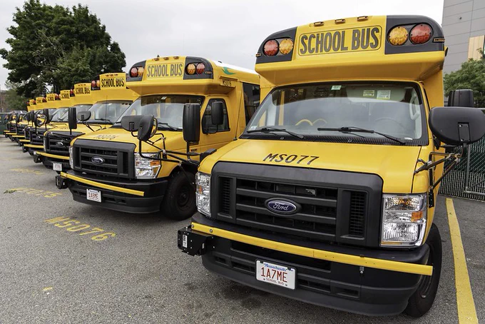 school buses parked in a row