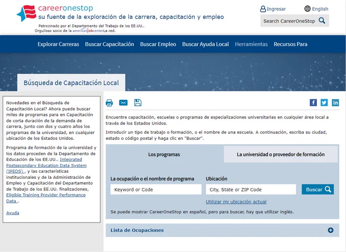 Screenshot of the CareerOneStop website homepage, displaying navigation options for exploring careers, finding training, and seeking job assistance. The site features a blue and white color scheme and is in Spanish, with options to log in or switch to English. Key sections include job search tools, training program finder, and links to career resources. The main content area promotes a job search aid tool with input fields for job title, city, state, or ZIP code.