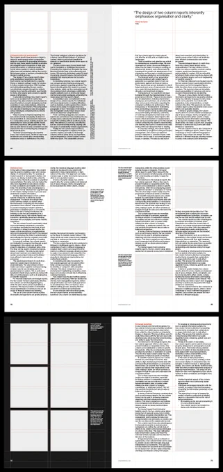 A multi-page layout of a two-column report design in A4 portrait format. Each page is structured with evenly spaced vertical columns, with text blocks on the right and left columns. Some sections contain placeholder text, grey boxes representing images or diagrams, and occasional pull quotes. Red text headings highlight key sections. The grid system is visible in certain areas, showing how the design aligns text and visual elements within the columns. Overall, the design emphasizes organization, clarity, and balance between text and visual content, making it ideal for formal or data-rich reports.