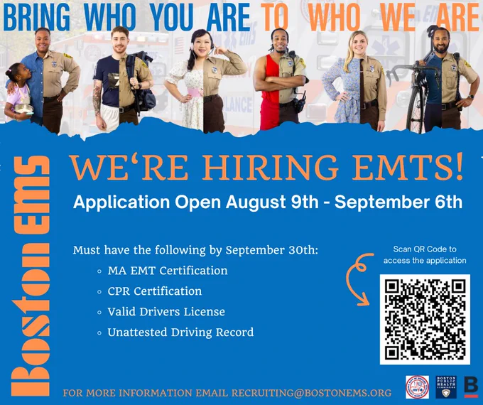 graphic with text: we're hiring EMTs, application open through September 6. 