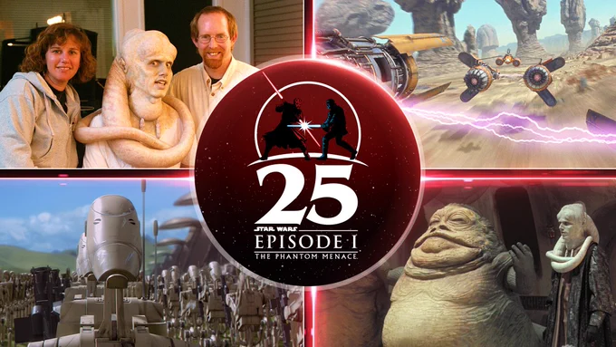 A collage of images from Star Wars: The Phantom Menace.

Top left: A behind the scenes image of Skywalker Sound's Matthew Wood in a make up chair becoming the character Bib Fortuna.

Top Right: Shot from the film of Anakin Skywalker's and Sebulba's podracers.

Bottom Left: Shot from the film of battle droids lined up and activating on Naboo.

Bottom Right: Shot from the film of Jabba the Hutt and Bib Fortuna during the Boonta Eve Classic podrace.

Center: The Phantom Menace 25th Anniversary Logo