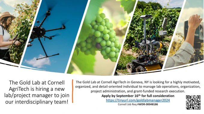 The Gold Lab at Cornell AgriTech is hiring a new lab/project manager to join our interdisciplinary team! The Gold Lab at Cornell AgriTech in Geneva, NY is looking for a highly motivated, organized, and detail-oriented individual to manage lab operations, organization, project administration, and grant-funded research execution. 
Apply by September 16th for full consideration
https://tinyurl.com/goldlabmanager2024 
Cornell Job Req #WDR-00048186
