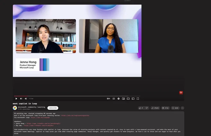 a screenshot of a Loop learning session on youtube called "meet copilot in Loop"