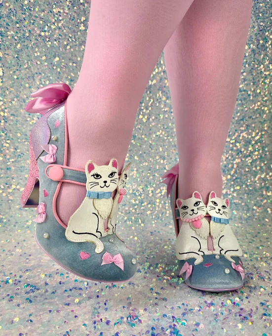 Irregular Choice 'Kitty Bow' heels. Baby blue velvet with pink bow detailing, twin white applique