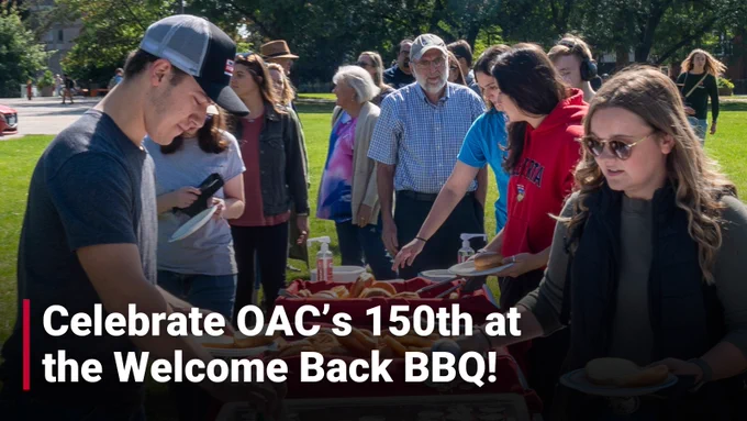 A promotion graphic for OAC's 2024 Welcome Back BBQ.

The image shows many people in a line filling up their plates with food.

Text reads: Celebrate OAC's 150th at the Welcome Back BBQ!