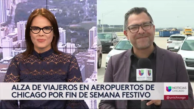 Carolina Sulbarán, left, and Jesse Echeverria, right, in a split screen during a news broadcast.