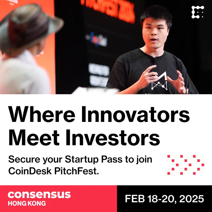 Promotional image for Consensus Hong Kong 2025, featuring a speaker on stage with the text 'Where Innovators Meet Investors' and event dates Feb 18-20, 2025.