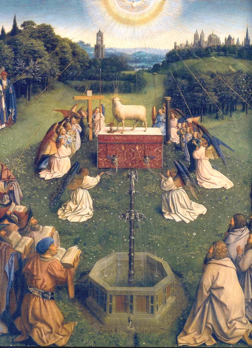 Eyck, Jan van, 1390-1440. Adoration of the Lamb detail, Ghent Altarpiece, from Art in the Christian Tradition, a project of the Vanderbilt Divinity Library, Nashville, TN. https://diglib.library.vanderbilt.edu/act-imagelink.pl?RC=58707 [retrieved August 26, 2024]. Original source: https://commons.wikimedia.org/wiki/File:Ghent_Altarpiece_D_-_Adoration_of_the_Lamb_2.jpg.