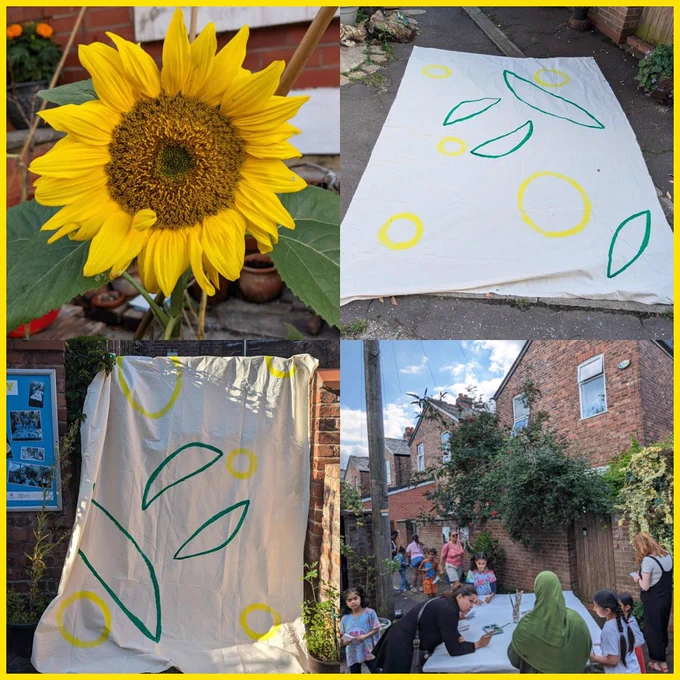 4 images in a collage of a sunflower, large banners waiting to be painted and art club activiites happening in the alley with a yellow border. 