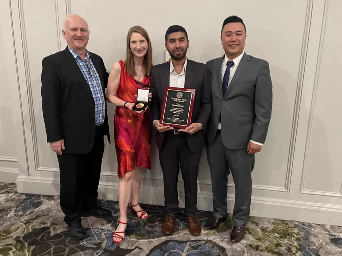 Professor Mark Willcox, Scientia Professor Fiona Stapleton, MD Abdullah Aziz and Adjunct Associate Professor Alex Hui with Fiona and Aziz showcasing their awards.