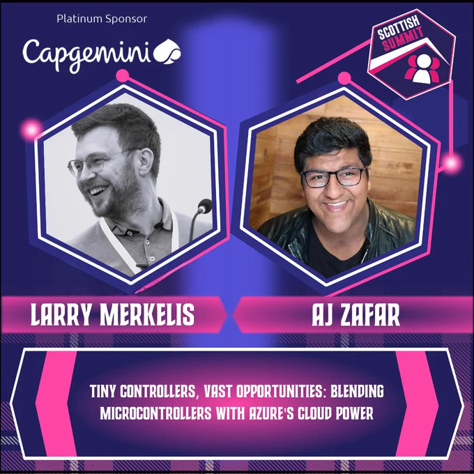 Navy social tile with pink tartan design at the bottom, with a blue stripe down the middle with pictures of Larry Merkelis and AJ Zafar as speakers at this year's Scottish Summit 2024