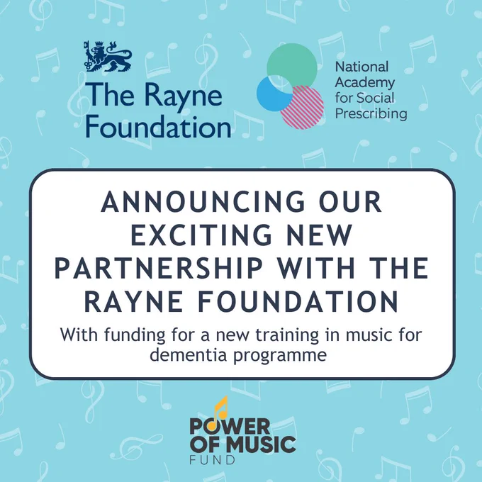 The Rayne Foundation Logo and NASP logo side by side. Text reads: Announcing our exciting new partnership with The Rayne Foundation. With funding for a new training in music for dementia programme. Power of Music Fund logo below 