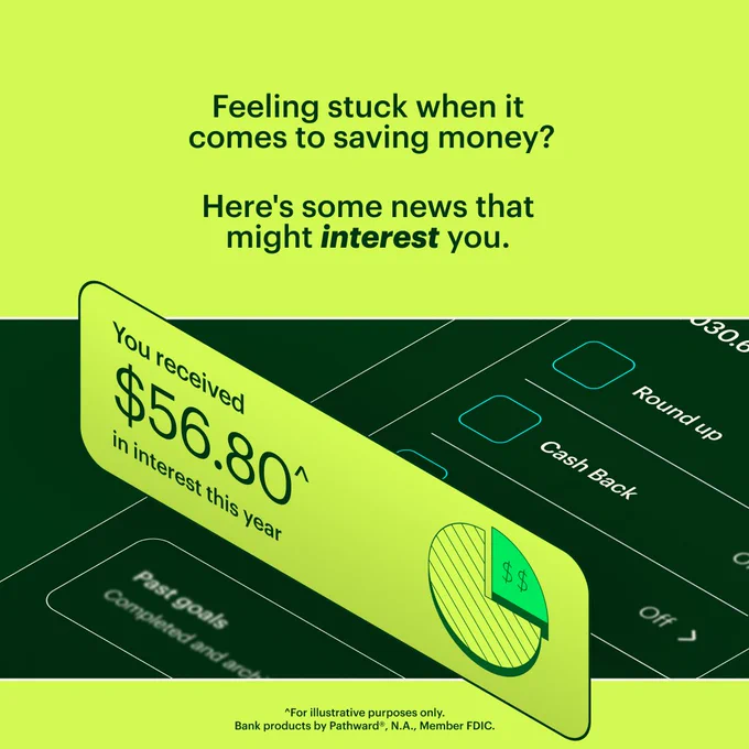 A stylized rendering of a mobile phone screen from angle shows toggle settings for features including Round Up and Cash Back, while a highlighted section is brought forward, depicting a pie chart on a citron card. Accompanying text on the card reads, “You received $56.80^ in interest this year.” Text at the top of the image reads, “Feeling stuck when it comes to saving money? Here’s some news that might interest you. ^For illustrative purposes only. Bank products by Pathward®, N.A., Member FDIC.”