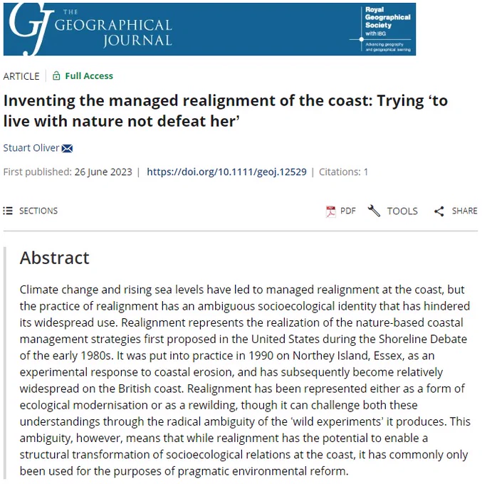 Title and abstract for 'Inventing the managed realignment of the coast: Trying ‘to live with nature not defeat her’' by Stuart Oliver in The Geographical Journal.
