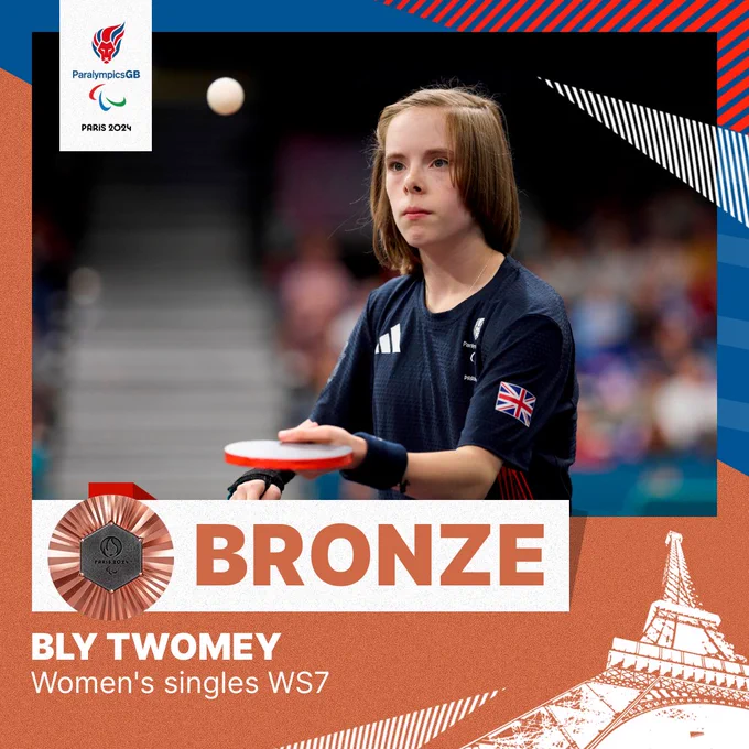 Bly Twomey BRONZE  graphic in the women’s singles WS7 table tennis