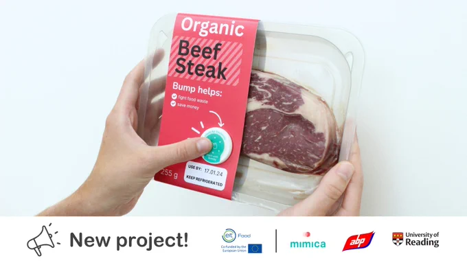  A person holding a pack of steak is running their index finger over a circular Bump Tag freshness indicator placed next to the expiry date. The Mimica-branded Organic Beef label highlights the benefits of the Bump Tag: “Bump helps fight food waste and save money. Under the image are four logos of EIT Food and the project partners: Mimica, ABP beef company and The University of Reading.