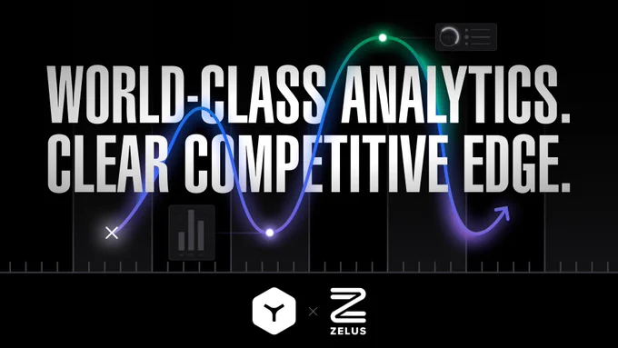 Graphic featuring a tagline “World-Class Analytics. Clear Competitive Edge.” against a black background with a stylized data line graph in blue and green. Logos for "Teamworks" and "Zelus" are displayed in the image.