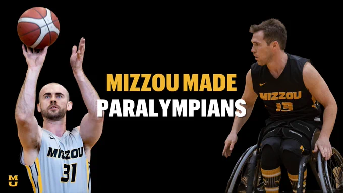 Two men using wheelchairs wear basketball jerseys and play basketball. Text overlay says "Mizzou Made Paralympians"