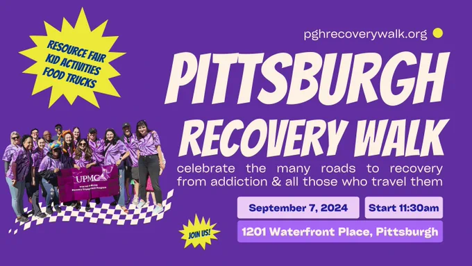 A group of people in cartoon form wearing purple tie-dye shirts, standing together and holding a UPMC banner, with text overlaid on a purple background. The text reads: 'Pittsburgh Recovery Walk. Celebrate the many roads to recovery from addiction & all those who travel them. September 7, 2024, Start 11:30am, 1201 Waterfront Place, Pittsburgh.' Additional text includes: 'Resource Fair, Kid Activities, Food Trucks,' and 'Join Us!'"
