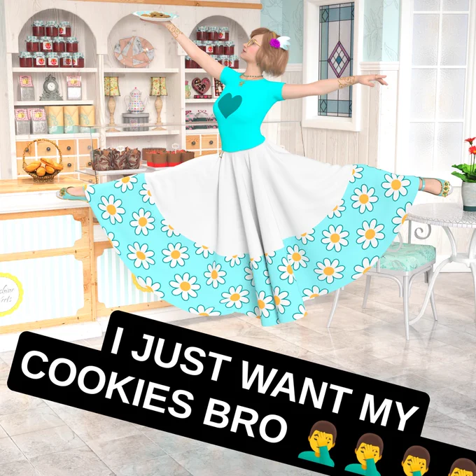 Daz Studio render of Ellie in a bakery. She's jumping and doing a split kick while holding a plate of cookies. There's an Instagram-style text caption rotated askew: "I JUST WANT MY COOKIES BRO 🤦‍♂️🤦‍♂️🤦‍♂️🤦‍♂️"