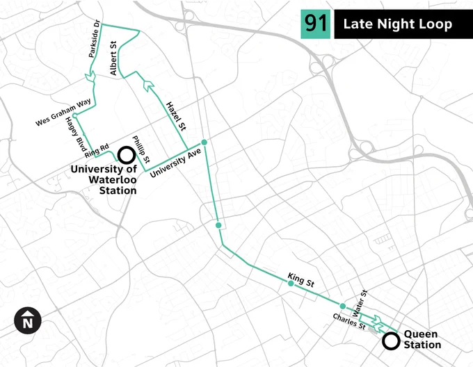 Map of Route 91 Late Night Loop.