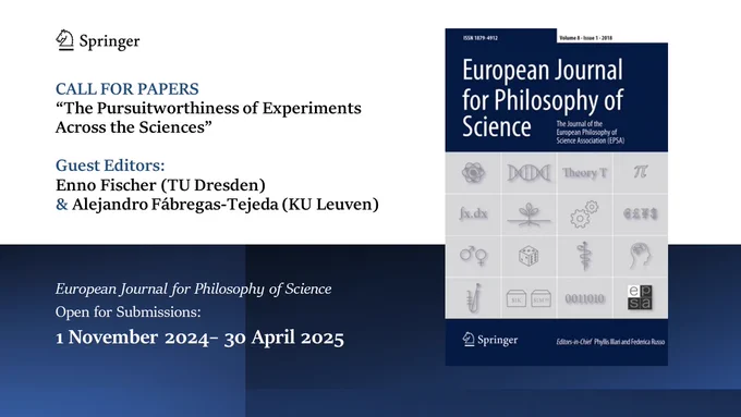 Promotional image announcing the call for papers for the topical collection "The Pursuitworthiness of Experiments Across the Sciences" to be published in the European Journal for Philosophy of Science (Guest Editors: Enno Fischer and Alejandro Fábregas-Tejeda). The call for papers runs from November 1, 2024 to April 20, 2025.