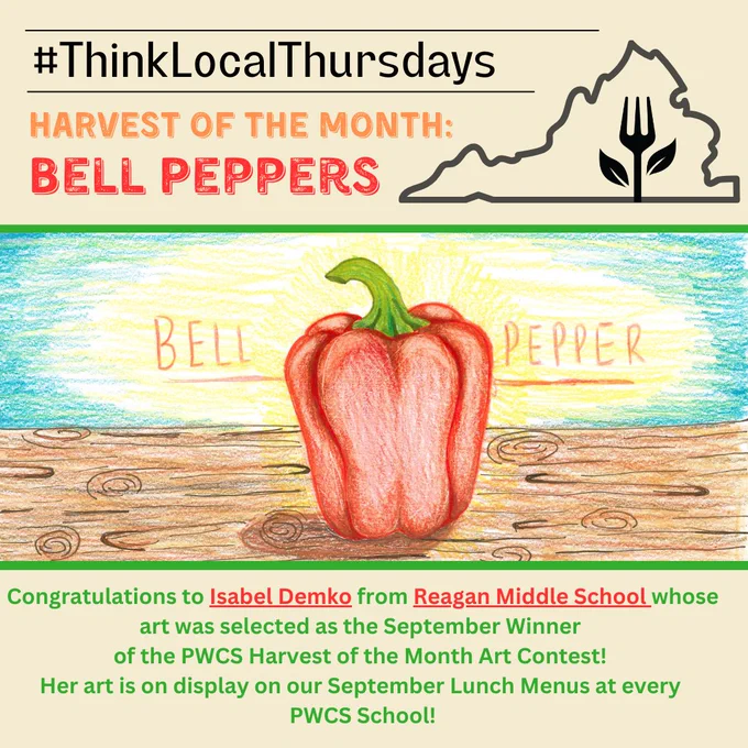 Congratulations to Isabel Demko from Reagan Middle School whose art was selected as the September Winner of the PWCS Harvest of the Month Art Contest! Her art is on display on our September Lunch Menus at every PWCS school!