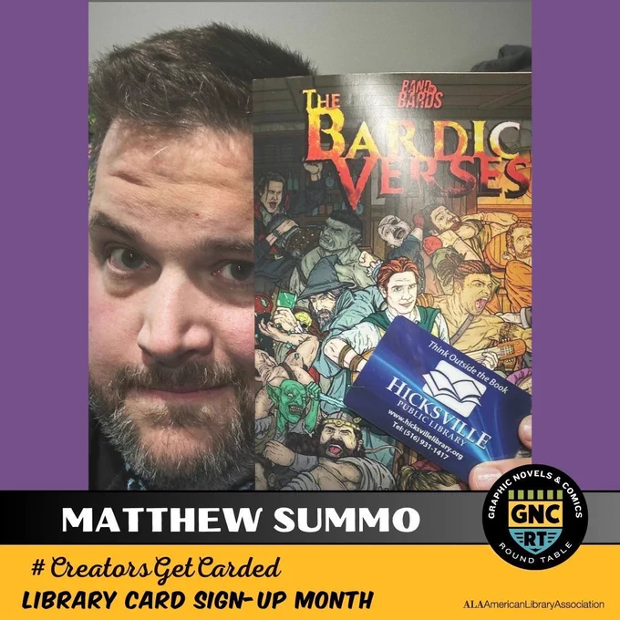Comics creator Matthew Summo smiling and holding his library card and a copy of his book, THE BARDIC VERSES.