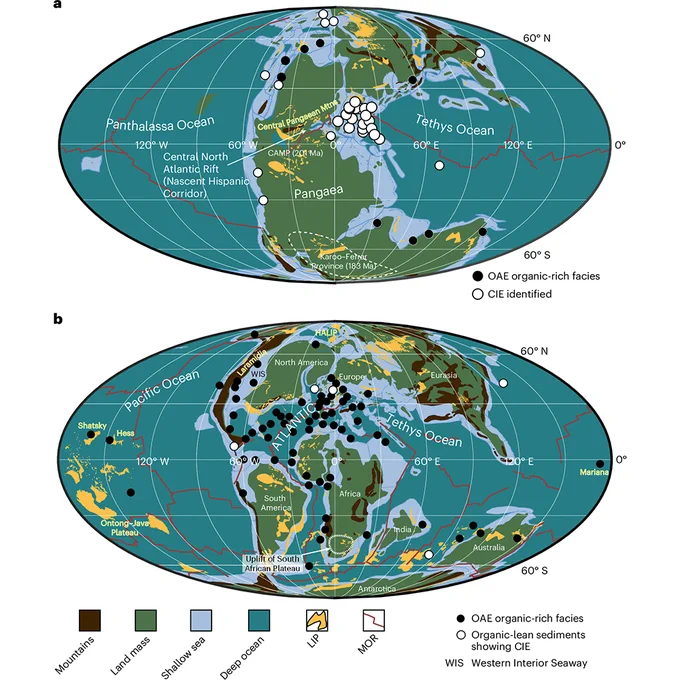 This is figure 1, which shows the global distribution of OAE sedimentary deposits and plate boundary features.
