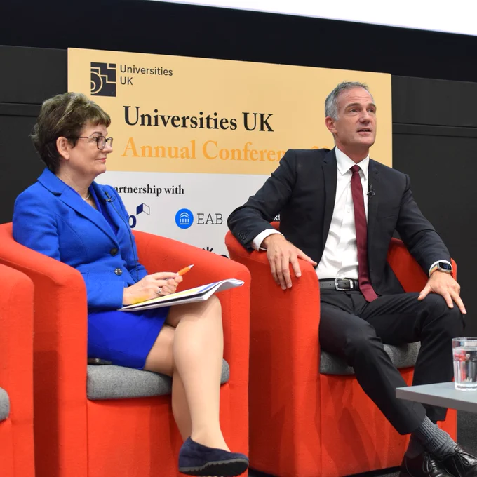 Secretary of State Peter Kyle talking with Universities UK President Professor Mapstone at Universities UK Annual Conference.