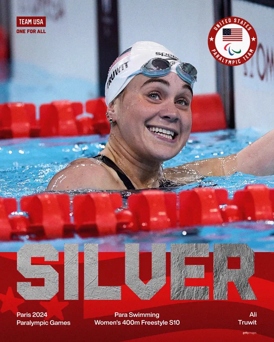 Image of Paralympic swimmer Ali Truwit smiling in the pool. Text overlay says "SILVER. Paris 2024 Paralympic Games. Para Swimming Women's 400m Freestyle S10. Ali Truwit."