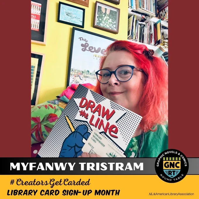 Comics creator Myfanwy Tristram smiling and holding her library card and a copy of her book, DRAW THE LINE - 100  THINGS YOU CAN DO TO CHANGE THE WORLD.