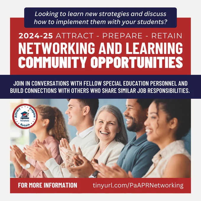 Looking to learn new strategies and discuss how to implement them with your students? 2024-25 Attract – Prepare – Retain (APR) networking and learning community opportunities. Join in conversations with fellow special education personnel and build connections with others who share similar job responsibilities. Group of business professionals clapping in an audience. For more information, visit the networking webpage on the A-P-R repository.