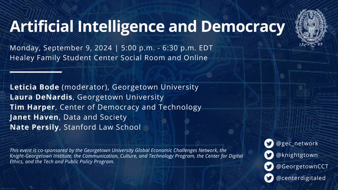 A graphic with a brain that looks like a computer motherboard. The text reads: "Artificial Intelligence and Democracy; Monday, September 9, 2024 | 5:00 p.m. - 6:30 p.m. EDT; Healey Family Student Center Social Room and Online; Leticia Bode (moderator), Georgetown University; Laura DeNardis, Georgetown University; Tim Harper, Center of Democracy and Technology; Janet Haven, Data and Society; Nate Persily, Stanford Law School; This event is co-sponsored by the Georgetown University Global Economic Challenges Network, the Knight-Georgetown Institute, the Communication, Culture, and Technology Program, the Center for Digital Ethics, and the Tech and Public Policy Program."