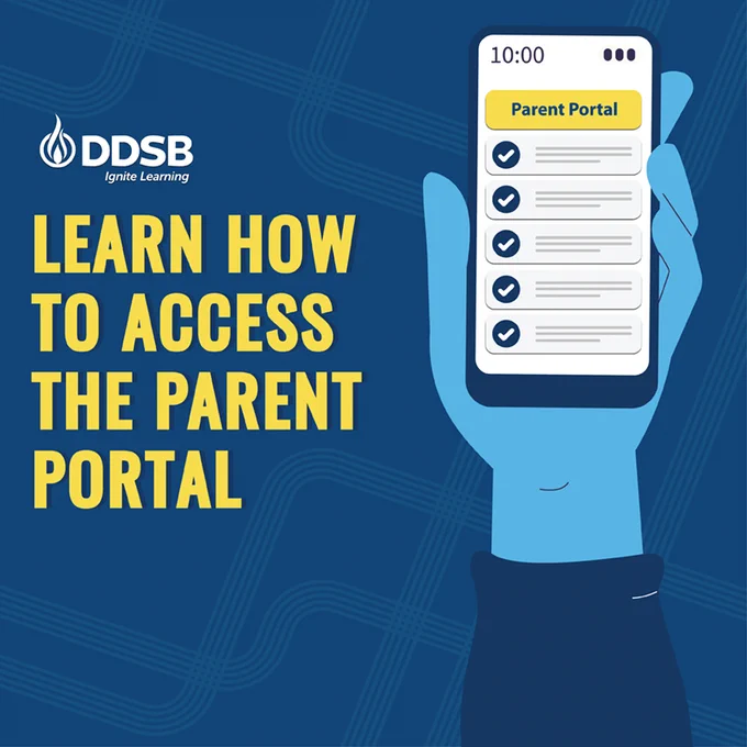 Cartoon blue hand holding a mobile phone with the Parent Portal app on screen.