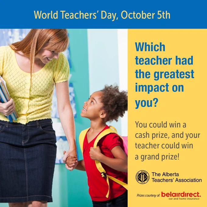 A picture of a teacher holding a little girl’s hand and contest information on a yellow background.